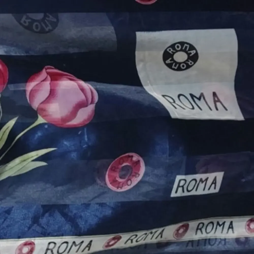 Vintage ROMA Tulip Sheer Scarf Navy Blue Pink Floral Italian Inspired Wrap